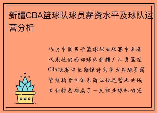 新疆CBA篮球队球员薪资水平及球队运营分析