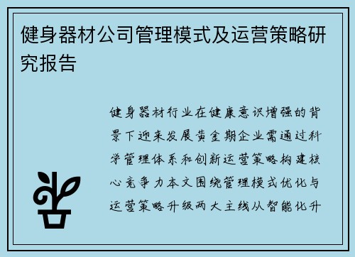 健身器材公司管理模式及运营策略研究报告